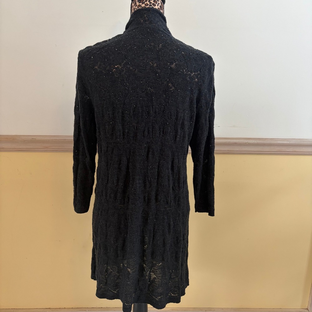 Eileen Fisher Black 100% Merino Wool Beaded Pointelle Long Cardigan Sweater S - Picture 2 of 4